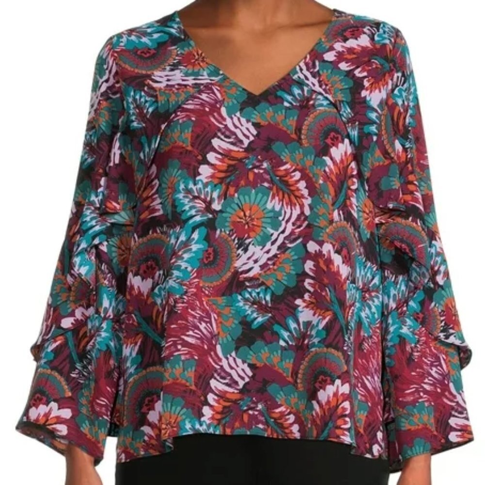 The Pioneer Woman V neck Cascade Caplet Ruffle Blouse, Olive / Wine size L NWT
